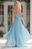 Sky Blue Halter A-Line Ruched Maxi Prom Dress