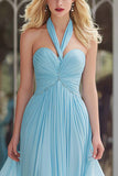 Sky Blue Halter A-Line Ruched Maxi Prom Dress