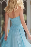 Sky Blue Halter A-Line Ruched Maxi Prom Dress