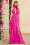 Fuchsia Halter A-Line Keyhole Ruched Prom Dress With Slit