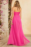 Fuchsia Halter A-Line Keyhole Ruched Prom Dress With Slit