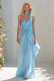 Sky Blue Ruched Sweetheart A-Line Maxi Prom Dress With Streamer