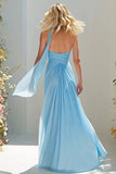 Sky Blue Ruched Sweetheart A-Line Maxi Prom Dress With Streamer
