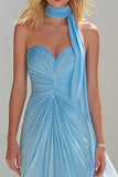 Sky Blue Ruched Sweetheart A-Line Maxi Prom Dress With Streamer