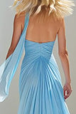 Sky Blue Ruched Sweetheart A-Line Maxi Prom Dress With Streamer