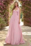 Pink Ruched A-Line Sweetheart Maxi Prom Dress With Streamer