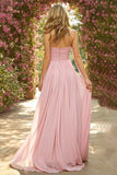 Pink Ruched A-Line Sweetheart Maxi Prom Dress With Streamer