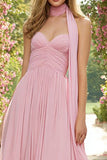 Pink Ruched A-Line Sweetheart Maxi Prom Dress With Streamer