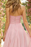 Pink Ruched A-Line Sweetheart Maxi Prom Dress With Streamer
