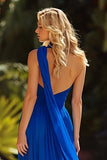 Royal Blue Sweetheart Ruched A-Line Prom Dress With Streamer
