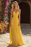 Yellow A-Line Sweetheart Ruched Prom Dress With Sash