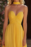 Yellow A-Line Sweetheart Ruched Prom Dress With Sash