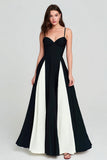 Black and White A Line Spaghetti Straps Long Formal Dress