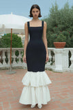 Black and White Mermaid Square Neck Long Formal Dress with Ruffles