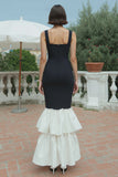 Black and White Mermaid Square Neck Long Formal Dress with Ruffles