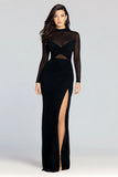 Sheath Ruched Long Sleeve Black Tie Dress With Slit