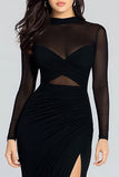 Sheath Ruched Long Sleeve Black Tie Dress With Slit