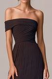 Coffee Sheath Off The Shoulder Pleated Long Formal Dress with Slit
