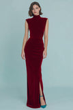 Burgundy Sheath Velvet High Neck Formal Dress With Slit