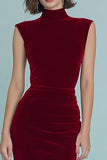 Burgundy Sheath Velvet High Neck Formal Dress With Slit