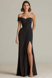 Off The Shoulder Sheath Ruched Black Tie Dress With Slit