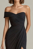 Off The Shoulder Sheath Ruched Black Tie Dress With Slit