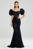 Mermaid Sequin Puff Sleeve Maxi Black Tie Dress