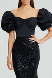 Mermaid Sequin Puff Sleeve Maxi Black Tie Dress