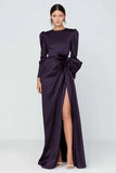 Dark Purple Sheath Long Sleeve Bowed Formal Dress With Slit