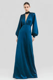 Dark Blue A-Line V-Neck Long Sleeve Formal Dress