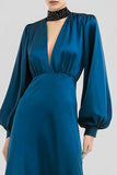Dark Blue A-Line V-Neck Long Sleeve Formal Dress