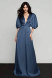 Dark Blue A-Line V-Neck Formal Dress With Half Sleeves
