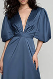 Dark Blue A-Line V-Neck Formal Dress With Half Sleeves