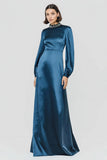 Dark Blue A-Line Long Sleeve Satin Formal Dress