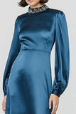 Dark Blue A-Line Long Sleeve Satin Formal Dress