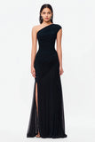 One Shoulder A-Line Ruched Black Tie Dress With Slit