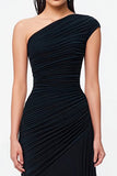 One Shoulder A-Line Ruched Black Tie Dress With Slit