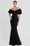 Sparkly Mermaid Off The Shoulder Maxi Black Tie Dress