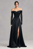 Off The Shoulder A-Line Maxi Black Tie Dress With Slit