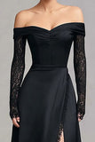 Off The Shoulder A-Line Maxi Black Tie Dress With Slit