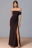 Coffee Off The Shoulder Sheath Pleated Formal Dress With Slit