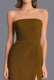 Brown Strapless Sheath Pleated Long Formal Dress With Slit