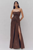 Strapless Coffee Ruched A-Line Formal Dress With Slit