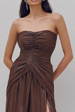 Strapless Coffee Ruched A-Line Formal Dress With Slit