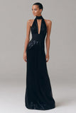 Sparkly Black Halter Long Formal Dress