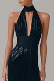 Sparkly Black Halter Long Formal Dress
