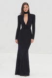 Mermaid Deep V-Neck Black Tie Dress with Long Sleeves