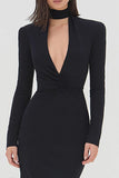 Mermaid Deep V-Neck Black Tie Dress with Long Sleeves