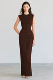 Coffee Sheath Round Neck Maxi Formal Dress