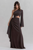 One Shoulder Cut Out Coffee Maxi Dress